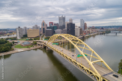 Fort Pitt Bridge in Pittsburgh, Pennsylvania. Monongahela river and Cityscape in Background