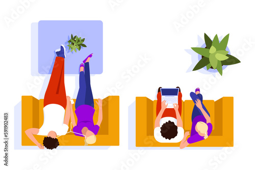 Vector illustration with a top view of a group of young people. Cartoon scene with a guy and a girl sitting on a sofa and listening to music in headphones, looking at a laptop on a white background.