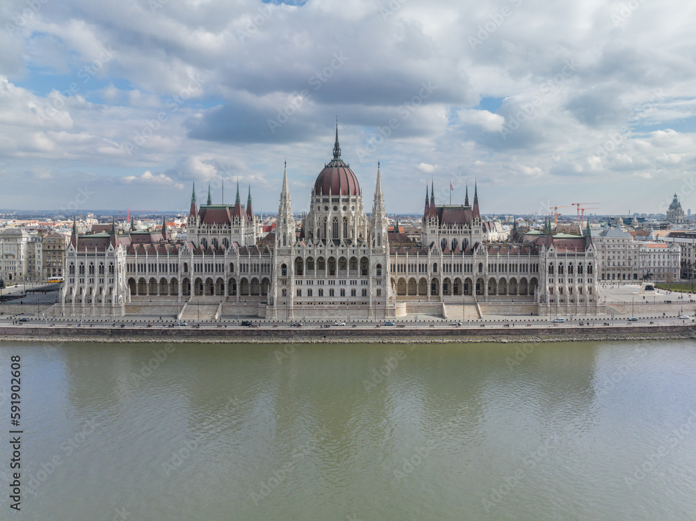 Awe Inspiring Drone Shot of Hungarian Parliament Building and Danube River in Budapest Cityscape from a Bird's Eye View