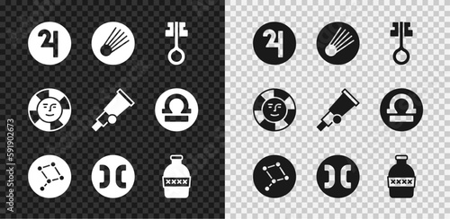 Set Symbol Jupiter, Comet, Old magic key, Great Bear constellation, Pisces zodiac, Bottle of water, Sun and Telescope icon. Vector