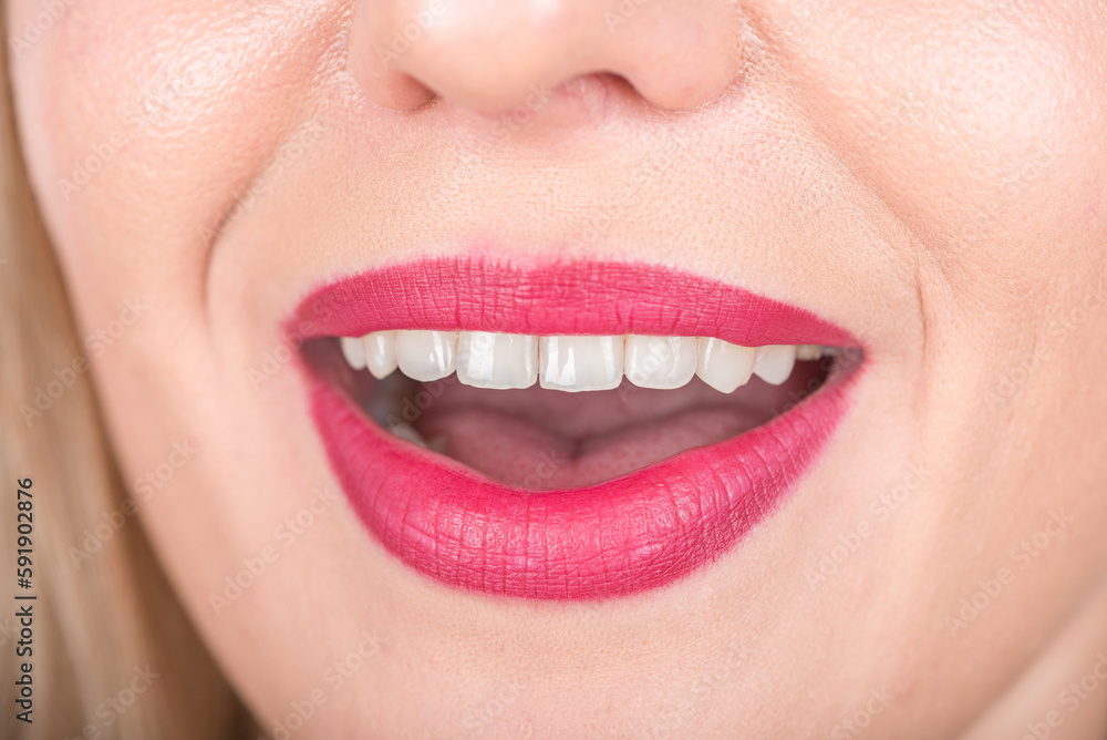 Woman Face with Open Mouth. Red Lipstick and White Teeth. Woman Face with Open Mouth. Red Lipstick and White Teeth.