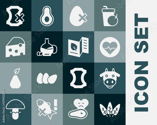 Set Leaf, Cow head, Heart rate, No egg, Bottle of olive oil, Cheese, leather and Vegetarian food menu icon. Vector