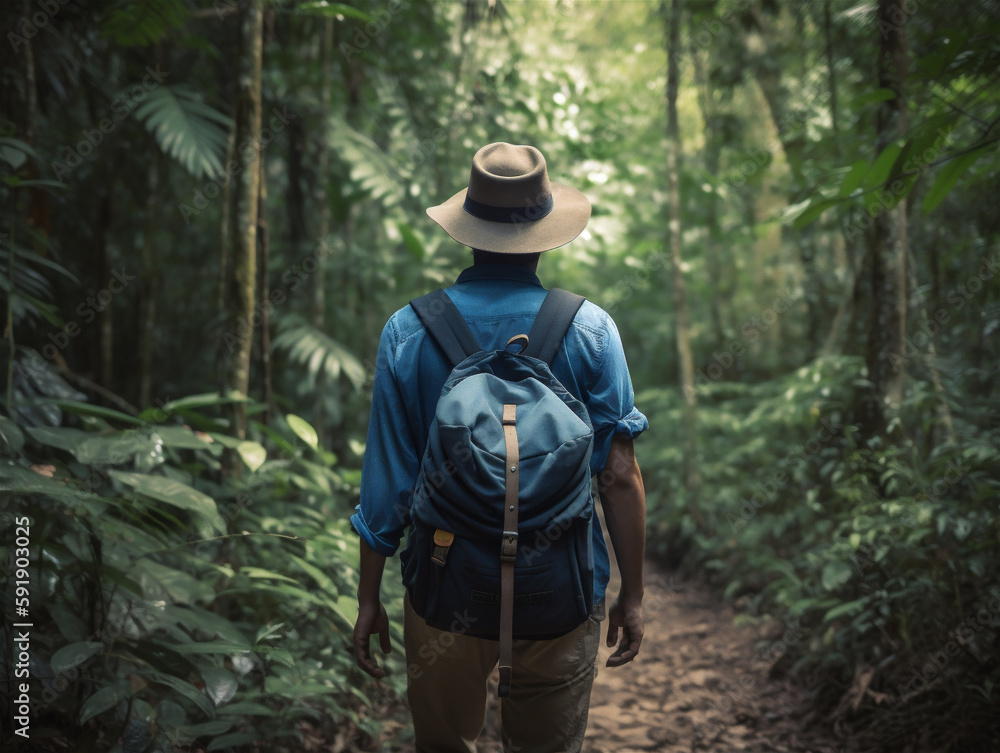 Man travelling photo from behind wearing a backpack and beige hat in the jungle, Instagram style, in mountain area, hiking, holiday, green forrest generative AI