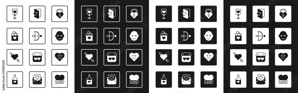 Set Castle in the shape of heart, Bow and arrow, Shopping bag with, Glass champagne, Romantic man, Valentines day flyer, Heart and Amour icon. Vector Set Castle in the shape of heart, Bow and arrow, Shopping bag with, Glass champagne, Romantic man, Valentines day flyer, Heart and Amour icon. Vector