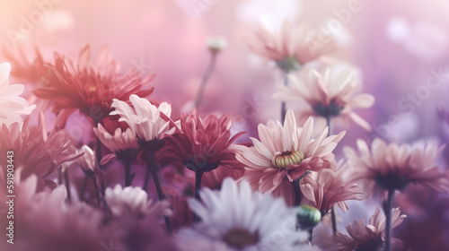 Abstract floral backdrop of purple flowers over pastel colors with soft style for spring or summer time. Banner background with copy space. generative ai