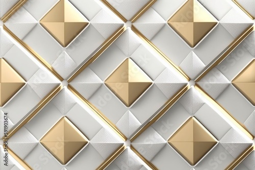 Wallpaper Mural 3D wallpaper of 3D soft geometry tiles made from white leather with golden decor stripes and rhombus. High quality seamless realistic texture Torontodigital.ca