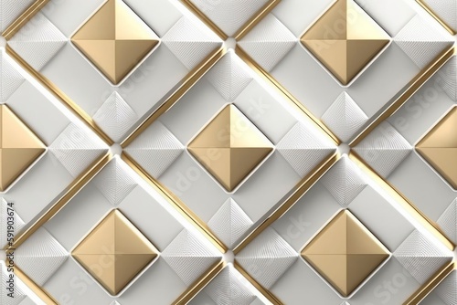 3D wallpaper of 3D soft geometry tiles made from white leather with golden decor stripes and rhombus. High quality seamless realistic texture
