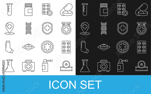 Set line Otolaryngological head reflector, Pills in blister pack, Hospital signboard, DNA symbol, Map pointer with cross hospital, Test tube and flask and Medical shield icon. Vector