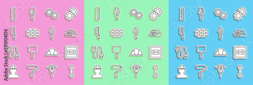 Set line Wrench spanner, Electrical outlet, Industry metallic pipe, Hexagonal nut, Bricks, Hacksaw, Ruler and Trowel icon. Vector