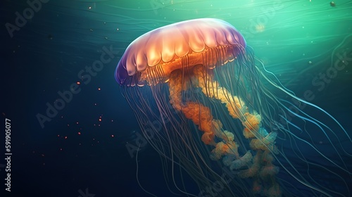 Mystical Oceanic Glow, Enchanting Jellyfish in Underwater World. Generative AI © _veiksme_
