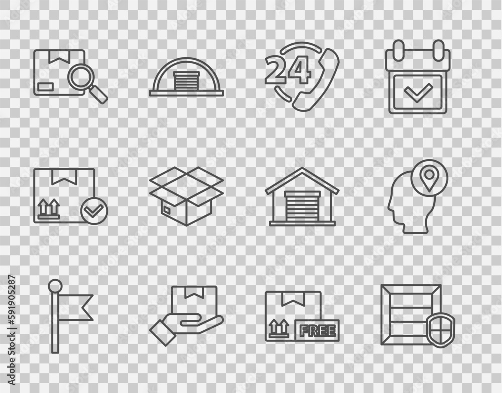 Set line Location marker, Delivery pack security with shield, Telephone 24 hours support, hand boxes, Search package, Carton cardboard, Cardboard free symbol and man icon. Vector Set line Location marker, Delivery pack security with shield, Telephone 24 hours support, hand boxes, Search package, Carton cardboard, Cardboard free symbol and man icon. Vector