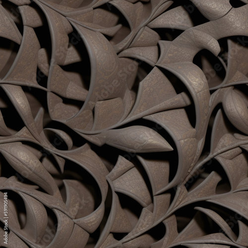 Abstract 3D metal leaves, Seamless pattern. Endless background. Generative AI.