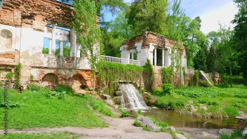 The Ruins Pavilion and waterfall in Arboretum Oleksandriya, Ukraine photo