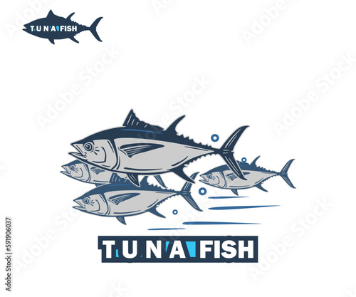 TUNA FISH FARM LOGO, silhouette of great bluefin swimming vector illustrations