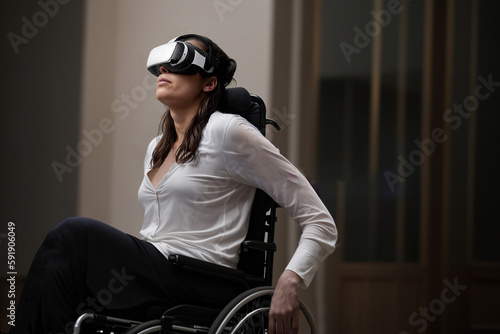 Generative AI image of young handicapped female using VR goggles while sitting on wheelchair and moving in blurred room to mitigate solitude problem photo