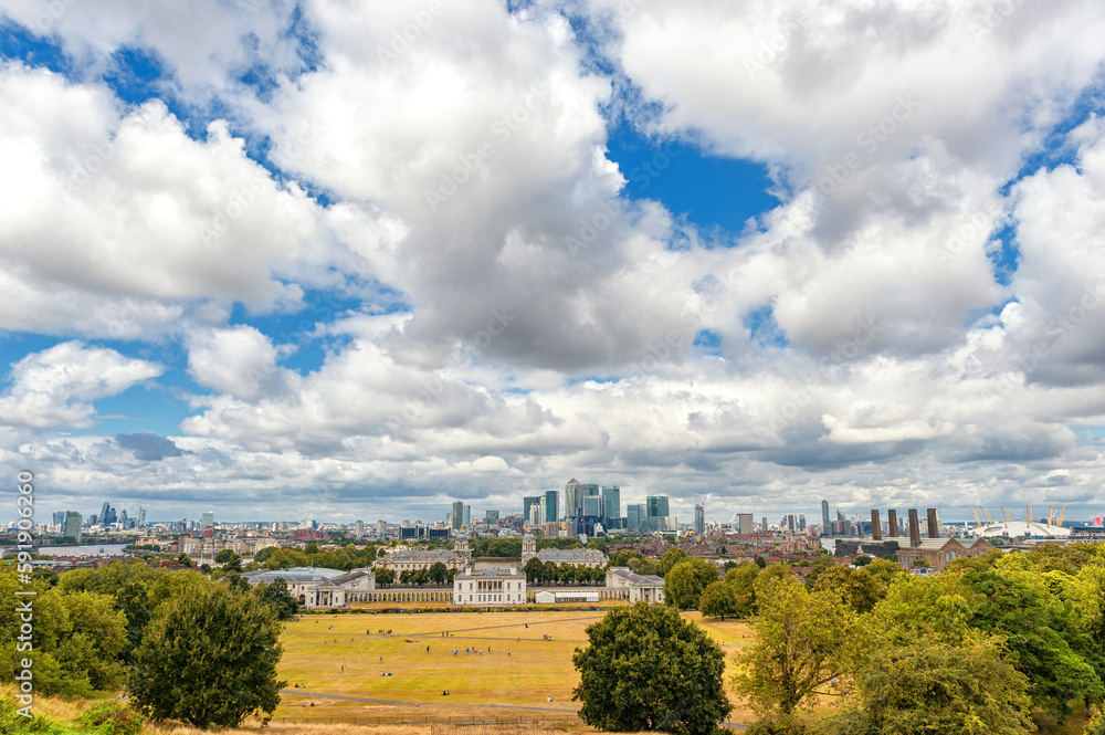 Greenwich Park and National Maritime Museum, Gardens, University of Greenwich, Old Royal Naval College, River Thames, Canary Wharf. London, England, United Kingdom