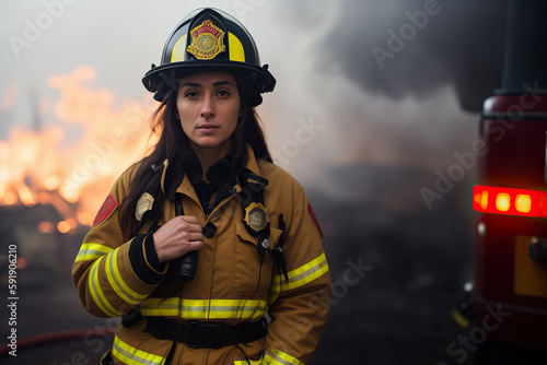 Generative AI image of confident young female firefighter in uniform with protective helmet standing near truck and looking at camera against blurred orange fire and smoky background