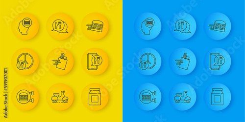 Set line Online ordering burger delivery, Round the clock, and, and Cafe restaurant location icon. Vector