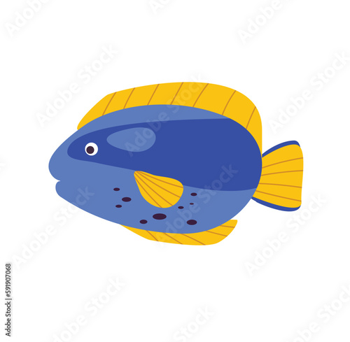 Concept Fish set. This flat vector cartoon design captures the concept of an ocean blue fish with yellow fins on a white background. Vector illustration.