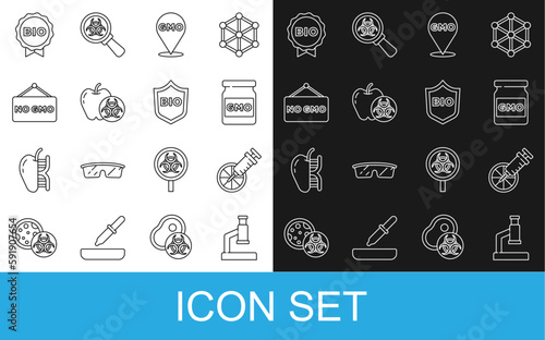 Set line Microscope, Genetically modified orange, GMO, apple, No, Label for bio healthy food and Shield icon. Vector