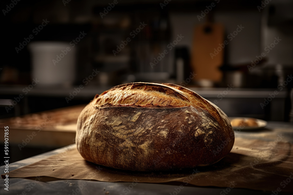 Generative AI illustration of fresh baked bread with seeds on fabric napkin in bakery kitchen against blurred background Generative AI illustration of fresh baked bread with seeds on fabric napkin in bakery kitchen against blurred background