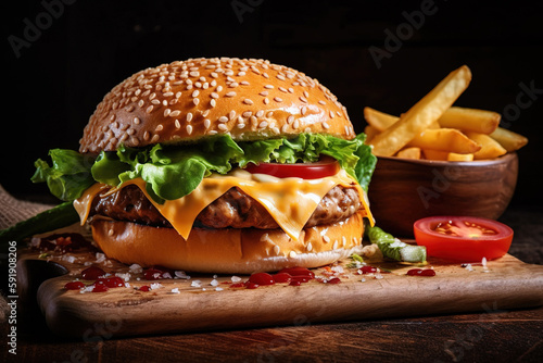 Generative AI image of yummy burger with grilled meat topped with vegetables tomatoes ketchup sliced onions cheese fresh lettuce and soft buns placed on board with fries photo