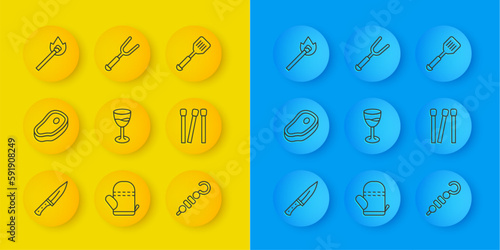 Set line Meat chopper, Steak meat, Wine glass, Grilled shish kebab, Matches, Burning match with fire, Spatula and Barbecue fork icon. Vector