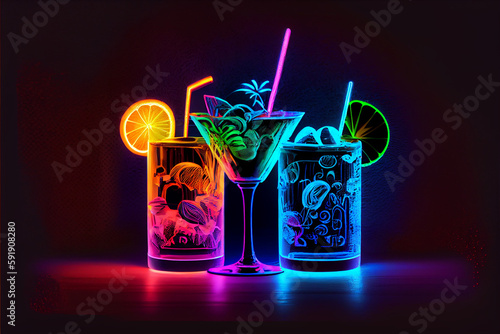 Cocktails at the bar. Colorful neon cocktails, glass glasses illustration.