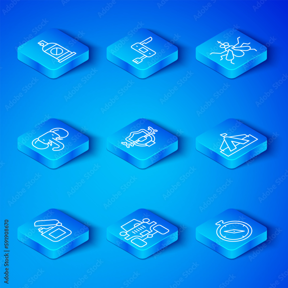 Set line Lighter, Deer antlers on shield, Off road car, Tourist tent, Mosquito, Elephant, Spray against insects and Compass icon. Vector Set line Lighter, Deer antlers on shield, Off road car, Tourist tent, Mosquito, Elephant, Spray against insects and Compass icon. Vector