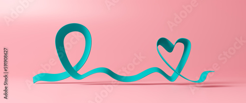 3D Ovarian cancer awareness ribbon poster design. Ovarian cancer and gynecological disorders concept, female reproductive system , woman health, PCOS, hormone replacement. 3d rendering illustration photo