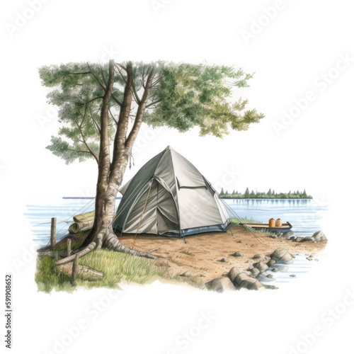 Camping tent in the forest watercolor Generative AI © stock_acc