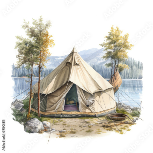 Camping tent in the forest watercolor Generative AI © stock_acc