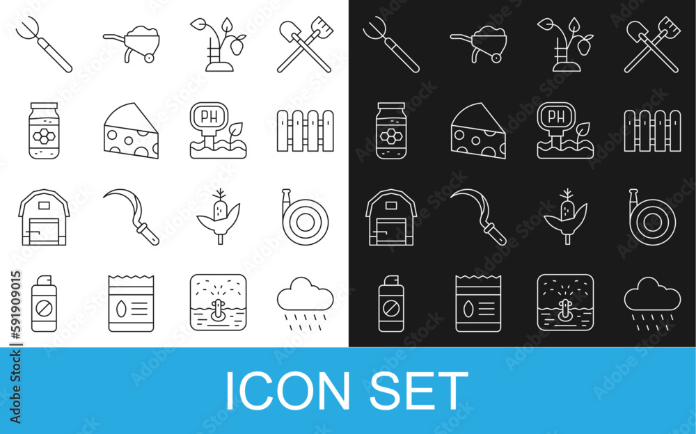 Set line Cloud with rain, Garden hose, fence wooden, Strawberry bush, Cheese, Jar of honey, pitchfork and Soil ph testing icon. Vector Set line Cloud with rain, Garden hose, fence wooden, Strawberry bush, Cheese, Jar of honey, pitchfork and Soil ph testing icon. Vector