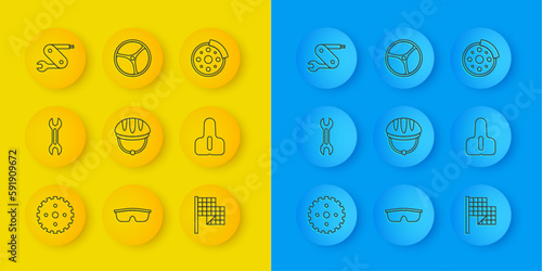 Set line Bicycle sprocket crank, Wrench spanner, helmet, Checkered flag, seat, Swiss army knife, brake disc and wheel icon. Vector