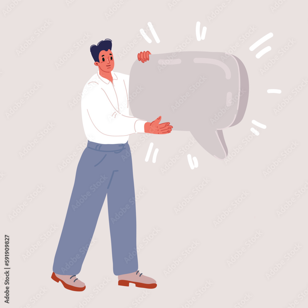 Vector illustration of man holding speech bubbles.