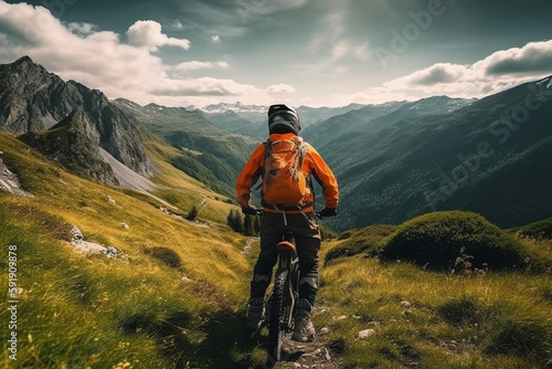 Biker on a mountain trail  waiting to go downhill while surrounded by a stunning landscape. Ai generated