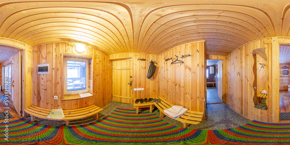 Full spherical seamless hdr panorama 360 degrees view in interior of sauna complex of saunas for men and women. Generative Ai