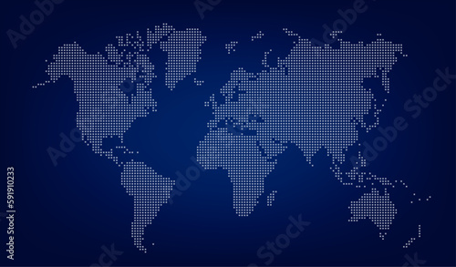 World map with square dot.   bstract dotted squares world map on dark blue background. Pixels silhouette worldmap. Simple flat wallpaper. Planet with continents for design print. Vector illustration