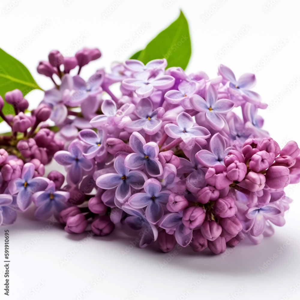 A branch of lilac with small purple flowers, on a white background. Generative AI, generative artificial intelligence
