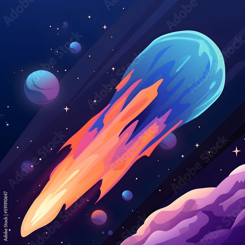 Cartoon illustration of Space. Space flat background with comet, planets and stars. Galaxy illustration for kids. Generative AI
