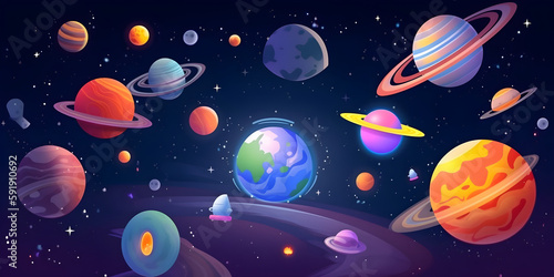 Cartoon illustration Of Space. Space flat background with planets and stars. Galaxy illustration for kids. Generative AI