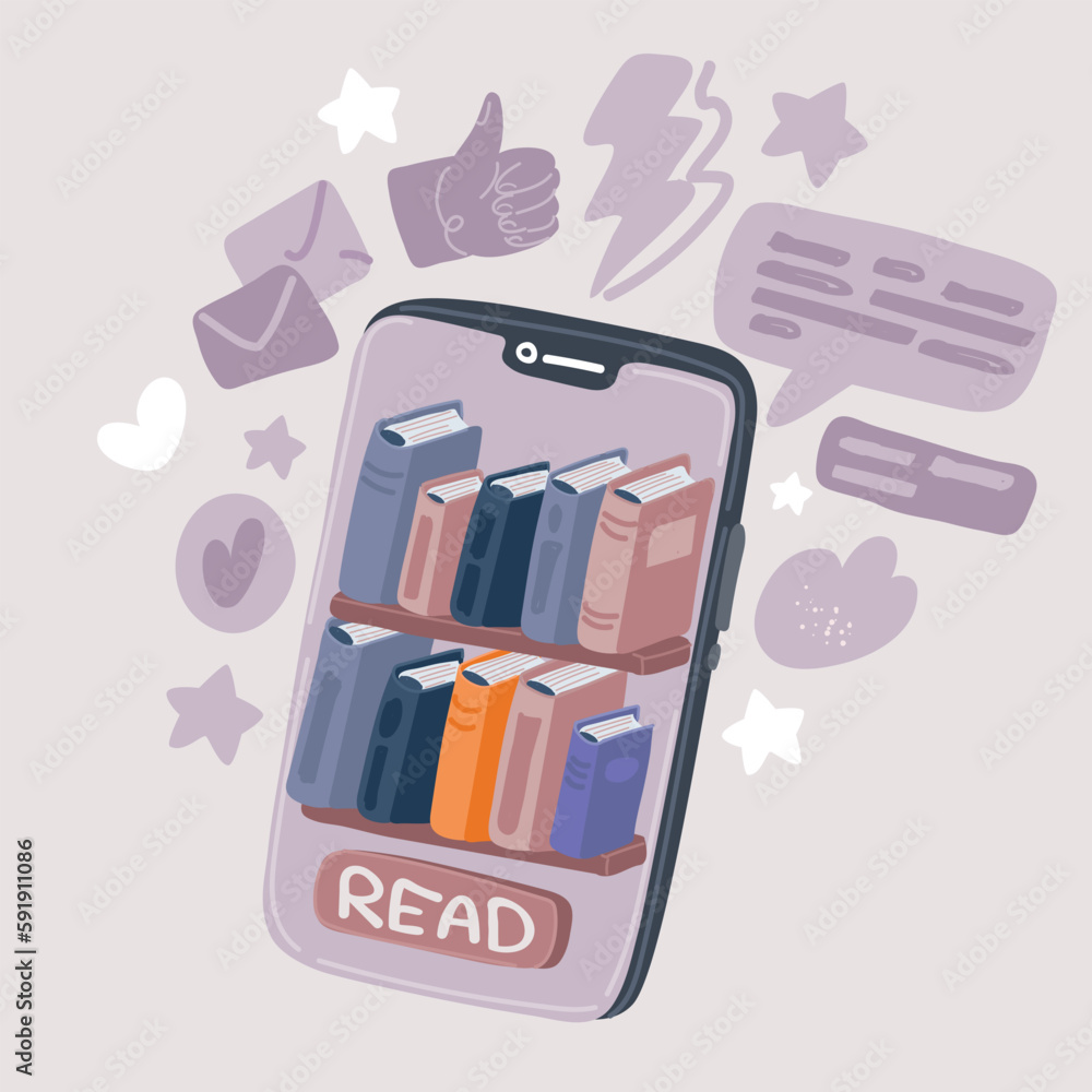 Φωτογραφία Vector illustration of EBook with book shelves with a large number of books on s