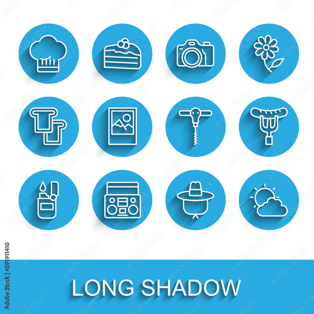 Set line Lighter, Home stereo with two speakers, Chef hat, Camping, Sun and cloud weather, Photo frame, Sausage on fork and Wine corkscrew icon. Vector Set line Lighter, Home stereo with two speakers, Chef hat, Camping, Sun and cloud weather, Photo frame, Sausage on fork and Wine corkscrew icon. Vector