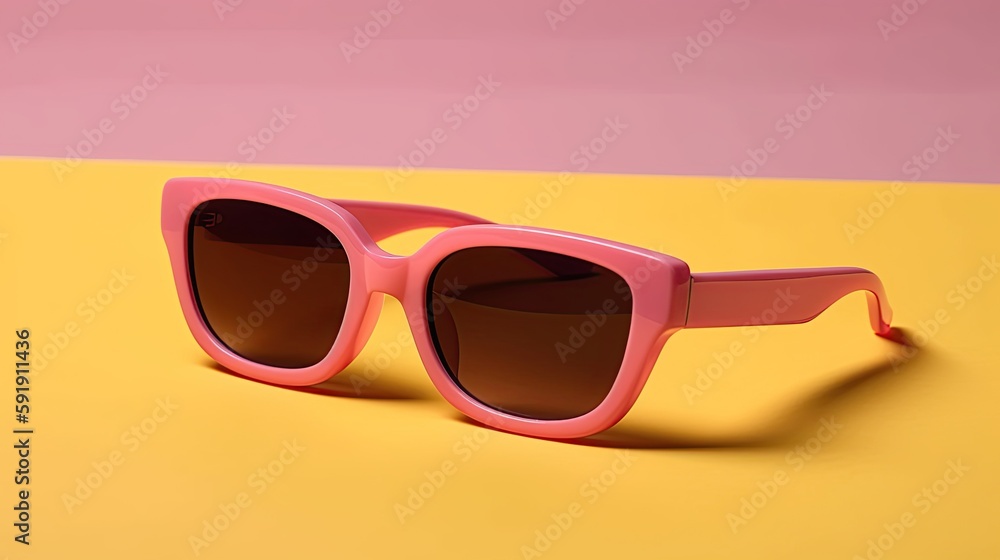 pink sunglasses on yellow background, minimalistic, generative ai