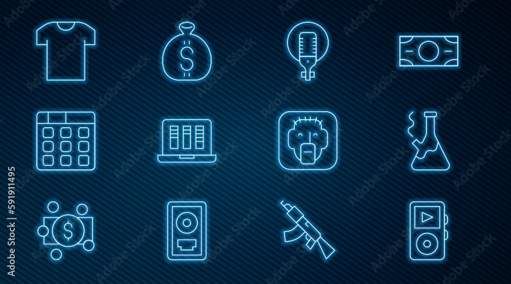 Set line Music player, Glass bong for smoking marijuana, Microphone, Sound audio recorder, Drum machine music, T-shirt, Rapper and Money bag icon. Vector Set line Music player, Glass bong for smoking marijuana, Microphone, Sound audio recorder, Drum machine music, T-shirt, Rapper and Money bag icon. Vector
