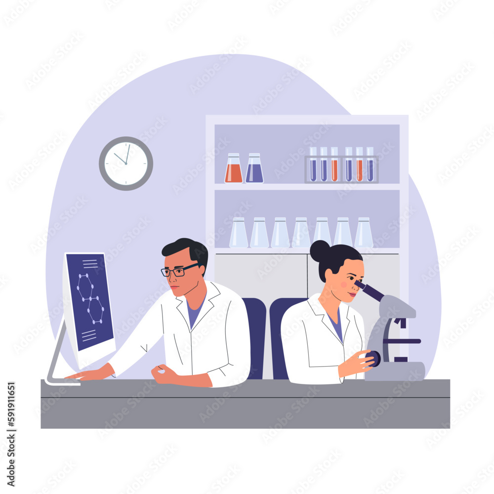 Man and woman Scientists looking at monitor and through a microscope in the lab. Scientific research. Vector cartoon flat style illustration Man and woman Scientists looking at monitor and through a microscope in the lab. Scientific research. Vector cartoon flat style illustration