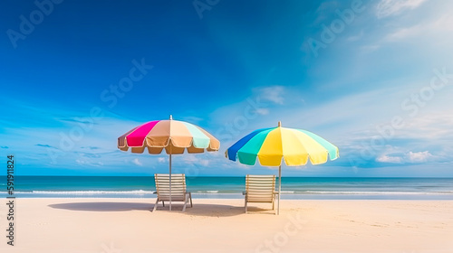 Chairs and umbrella on a paradise beach. Generative AI