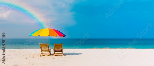 Chairs and umbrella on a paradise beach. Generative AI