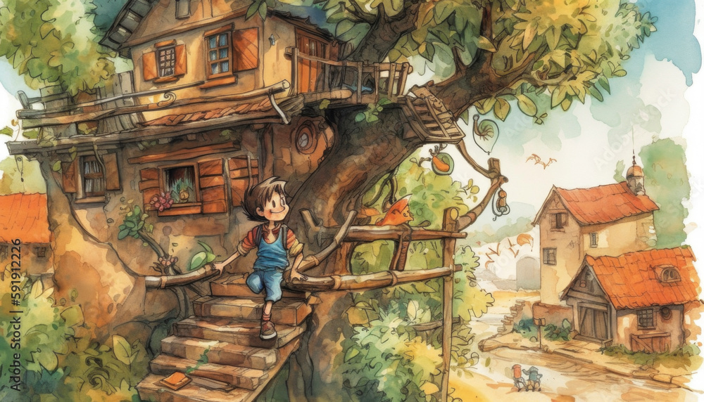 Obraz premium Childhood kids illustration in beautiful colors and childrens book style. AI generated