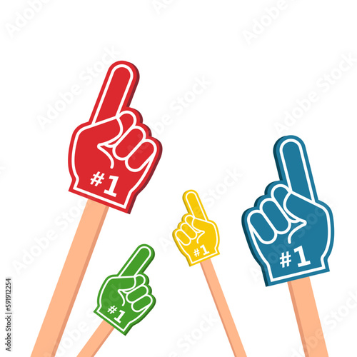 Foam fan finger hand with number one. Fan arm gloves with finger up, support for the team in the sports championship.